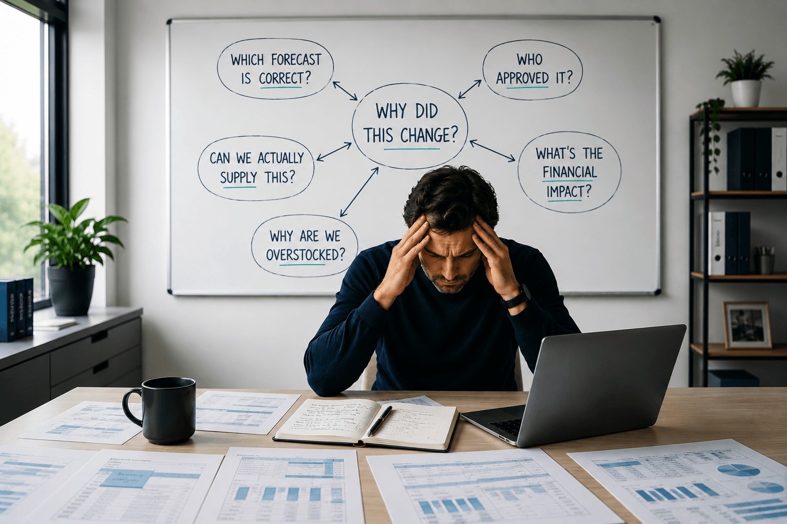 Operations planner under pressure while trying to understand forecast changes, approvals, supply constraints and financial impact.